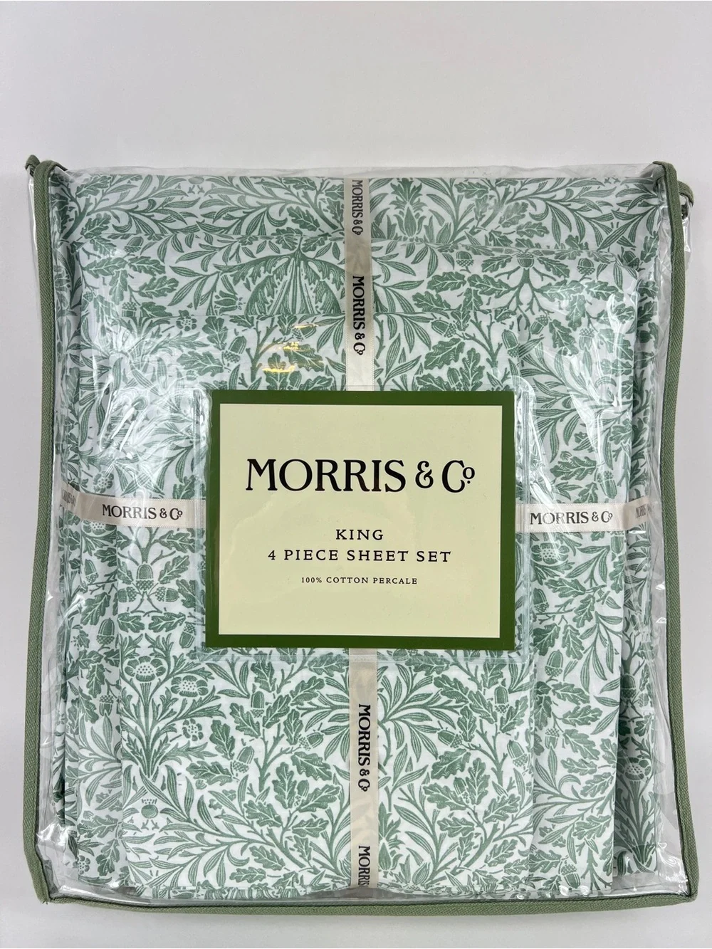William Morris Co King Sheet Set Acorn Green White 100% Cotton Percale 4 Pc NEW